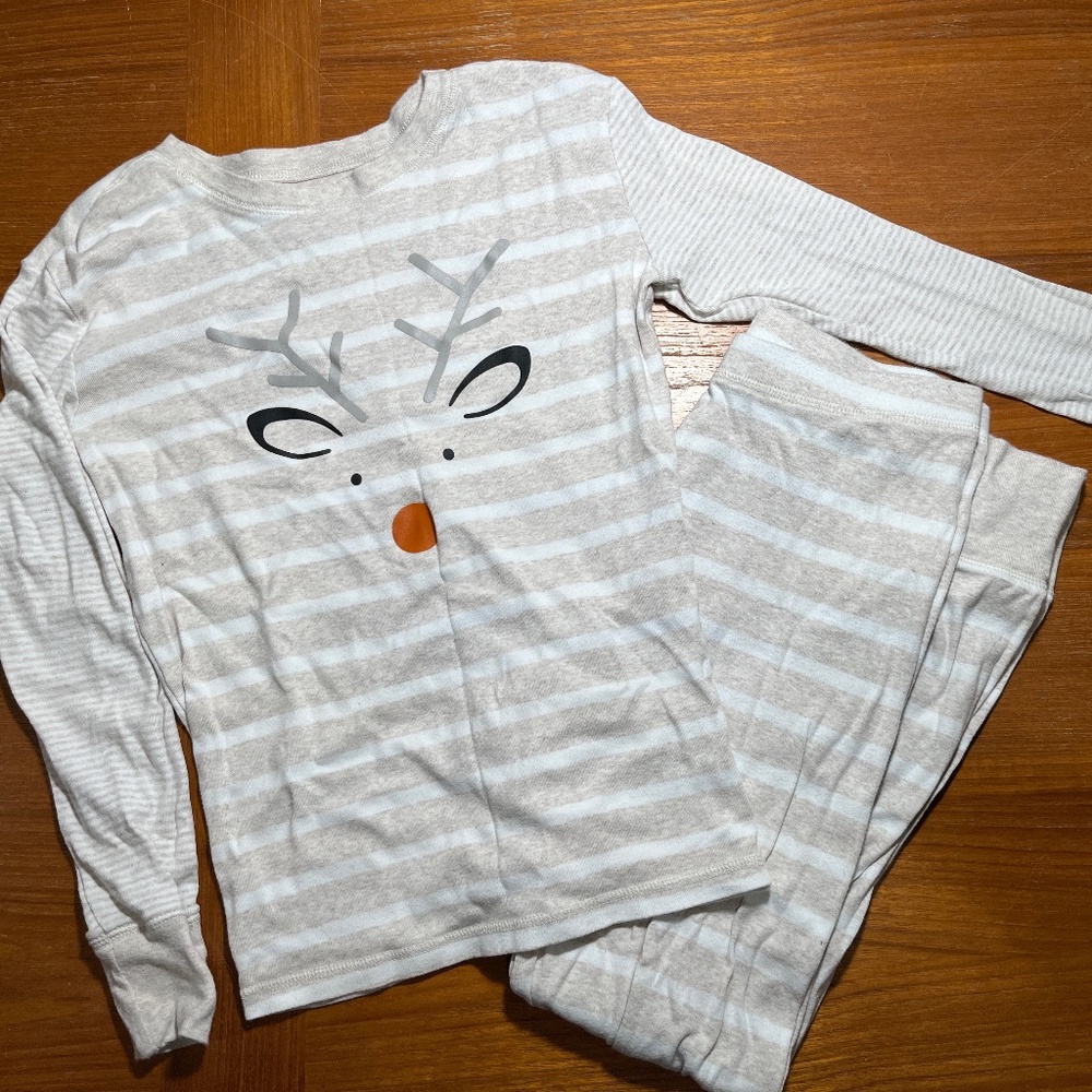 Gap Kids Deer Antler Nose Pajama Set Oatmeal Stripes White Orange 14